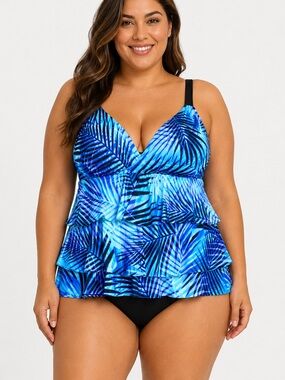 Swim Solutions women’s triple tier fauxkini one-piece swimsuit blue size 16